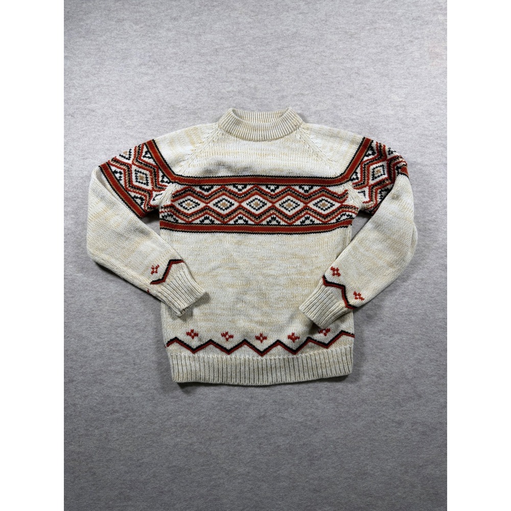 1980s Vintage 1166 Collection Fair Isle Knit Sweater Cream Red Ski Crew Neck